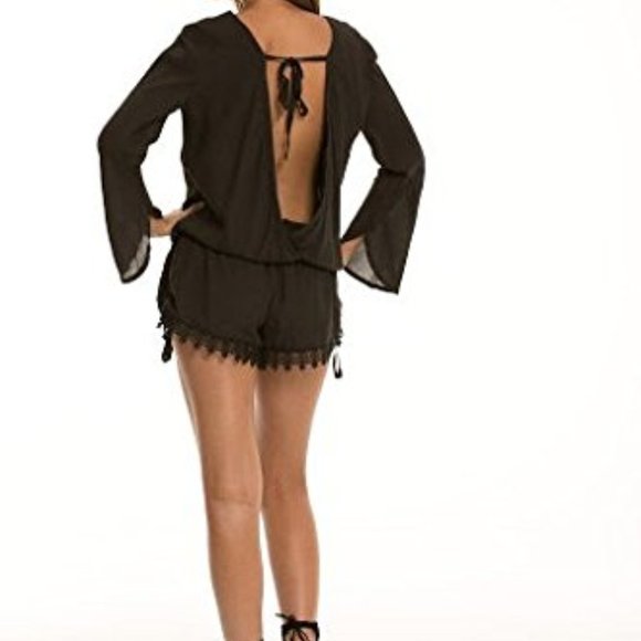 Elan Black Crocheted Open Back Romper Cover L - Picture 4 of 10